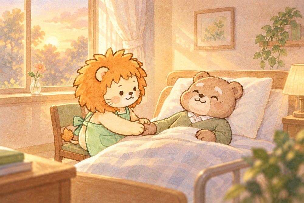 ベッドで休むおじいさんのクマの手を包むライオンのナビ助