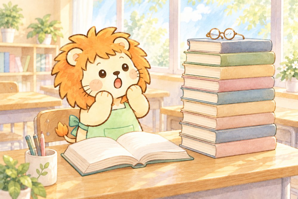 積まれた本の山に目を丸くするライオンのナビ助