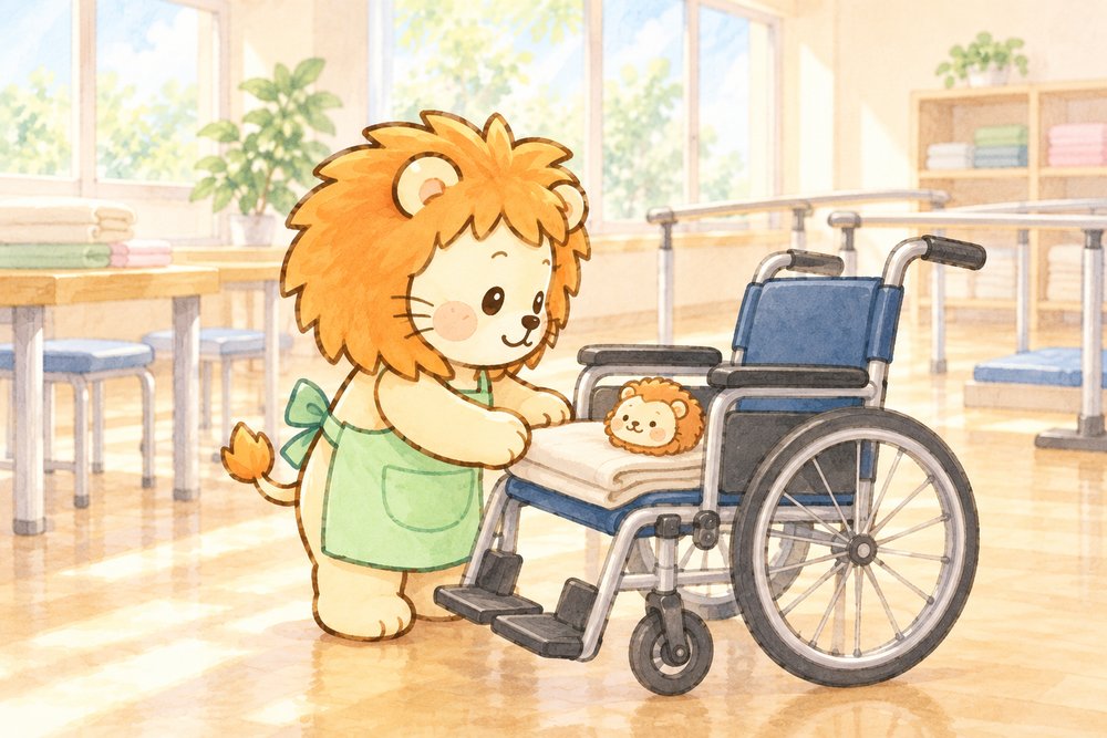 車いすのブランケットをていねいに整えるライオンのナビ助