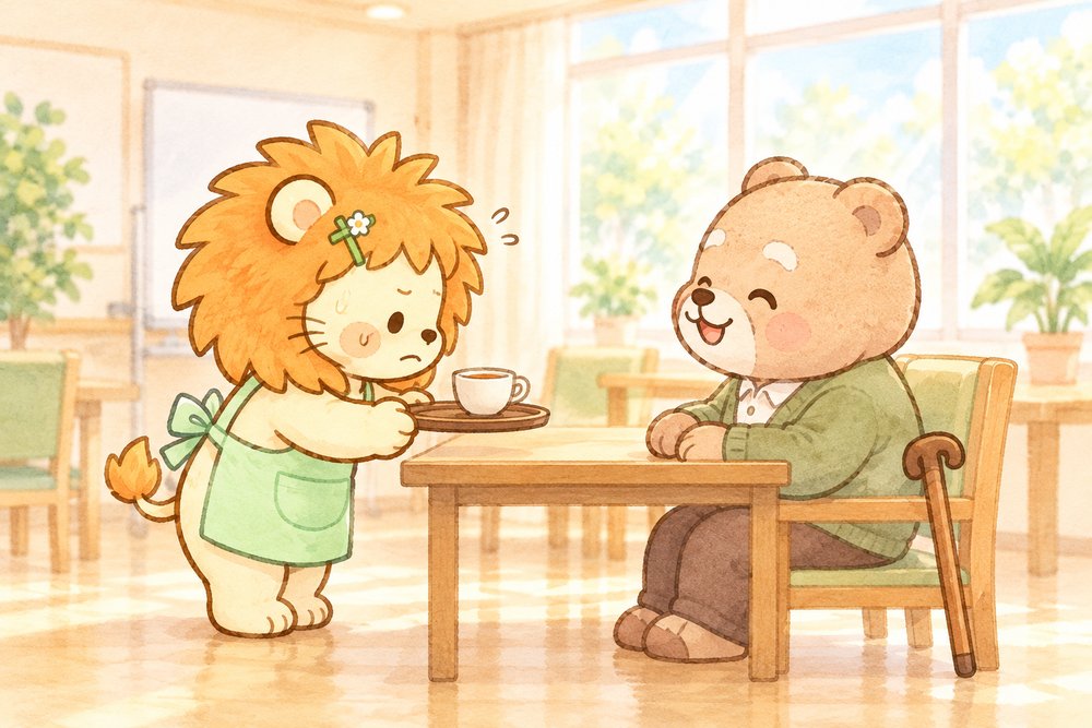 研修でお茶を出す練習をするライオンのナビ助