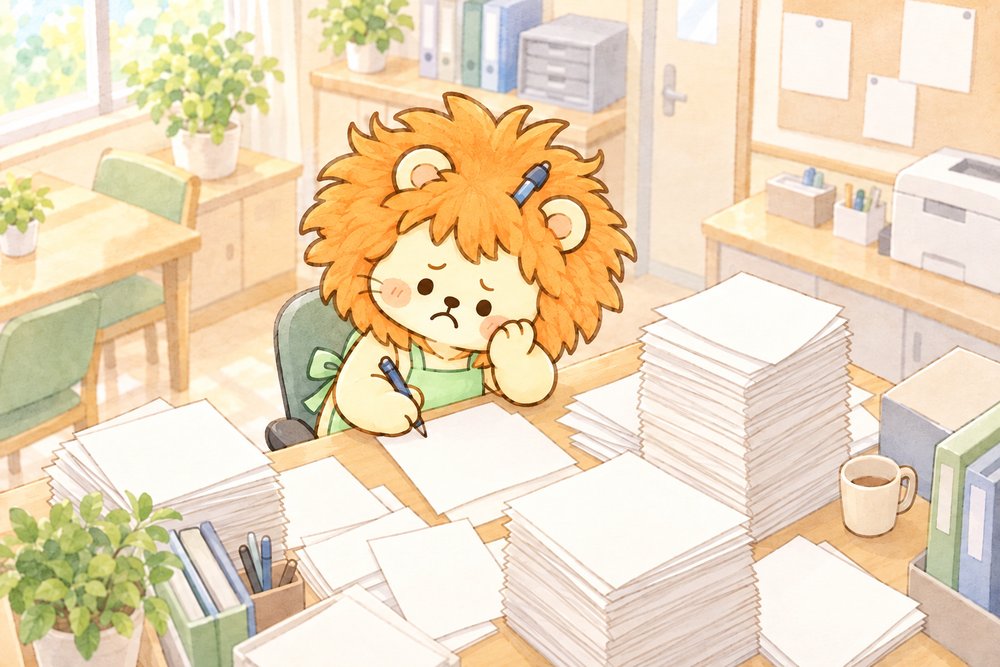 記録用紙の山に囲まれるライオンのナビ助