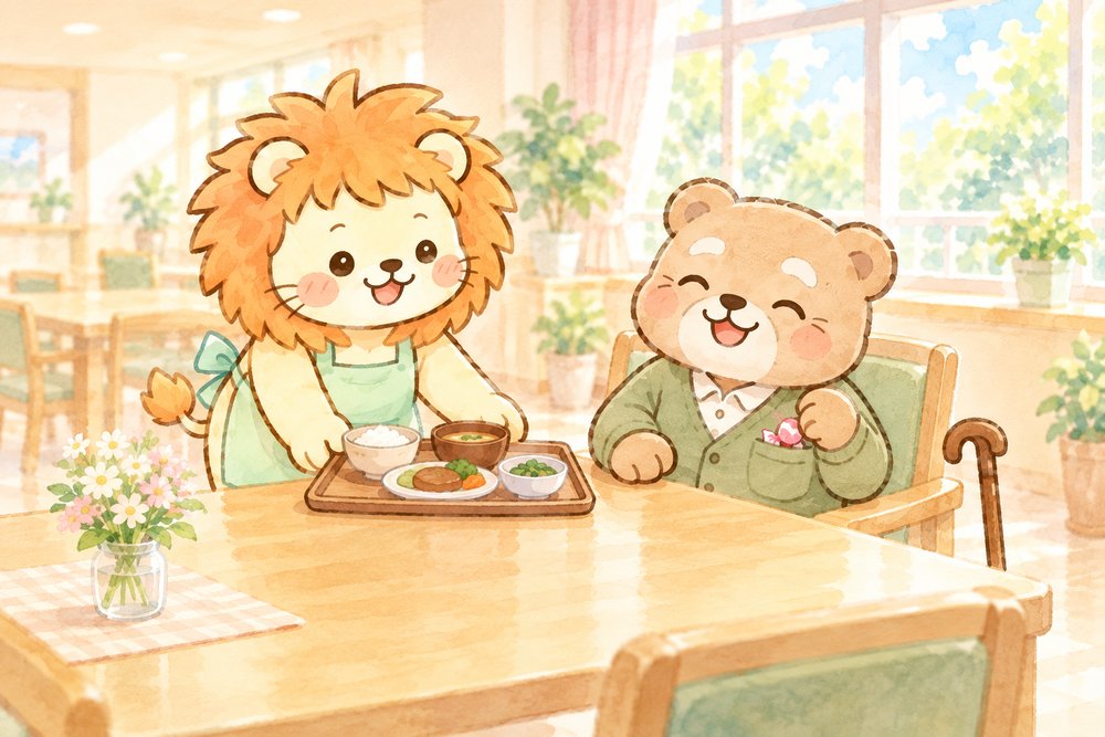食堂でおじいちゃんクマに食事を運ぶライオンのナビ助